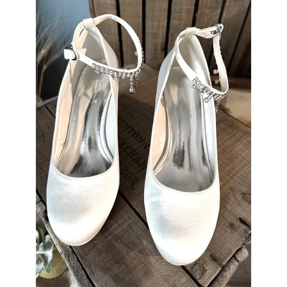 Ivory Bridal Wedges Crystal Rhinestone Anklet Strap Jeweled Wedding Heels 3in